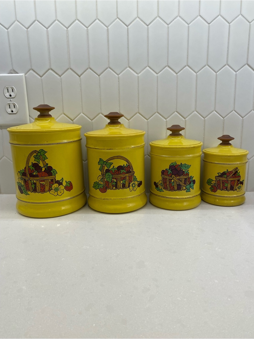 Vintage 1960 MCM Kromex Canister Set Yellow Floral Fruit Aluminum Nesting